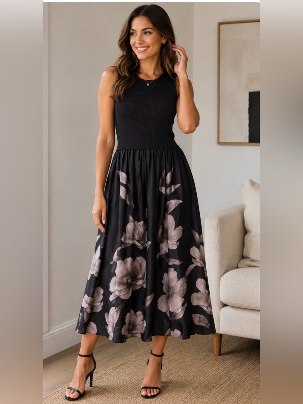 Taylor Black Maxi Dress with Beige Floral Skirt